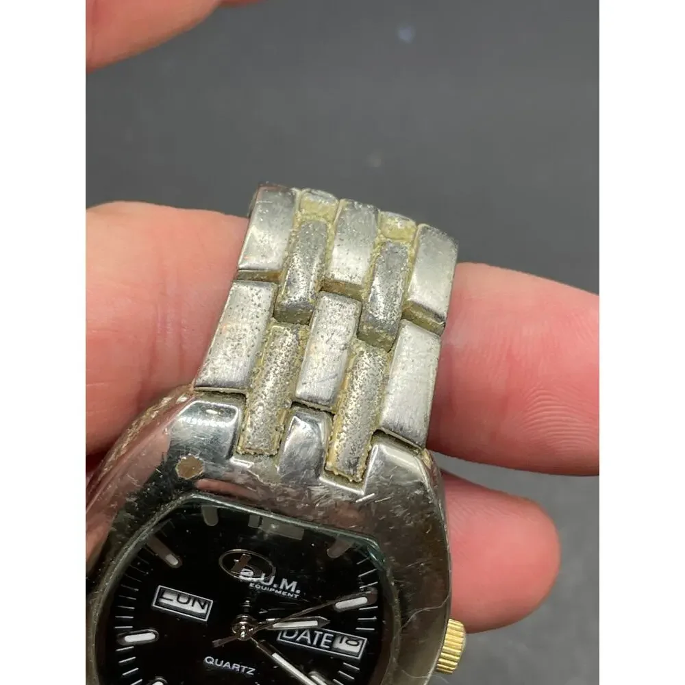 Bum Equipment 3316 Analog Date/Day Mens Quartz Watch Black Dial Silver Tone 36mm